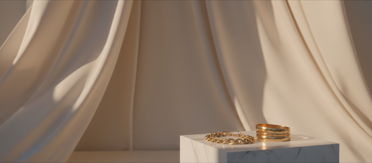 Draped silk and gold jewellery in warm afternoon light