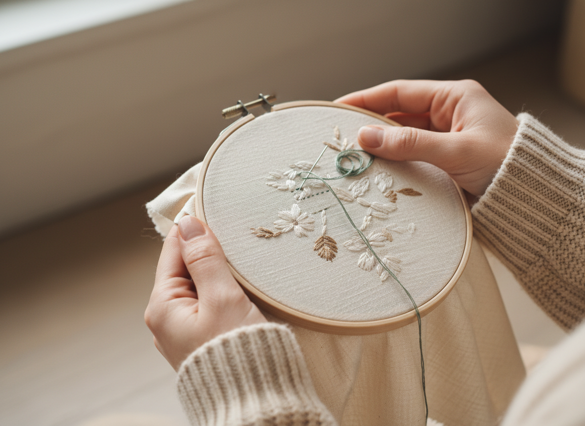 Hands holding an embroidery hoop with ivory fabric, mid-stitch with a threaded needle