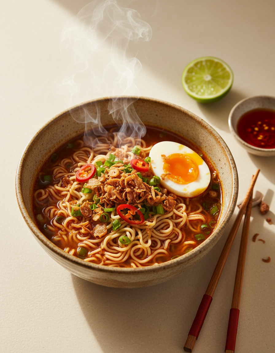 Schüssel vietnamesischer Instant Nudeln mit würziger Brühe, gerösteten Schalotten, Chili und Frühlingszwiebeln