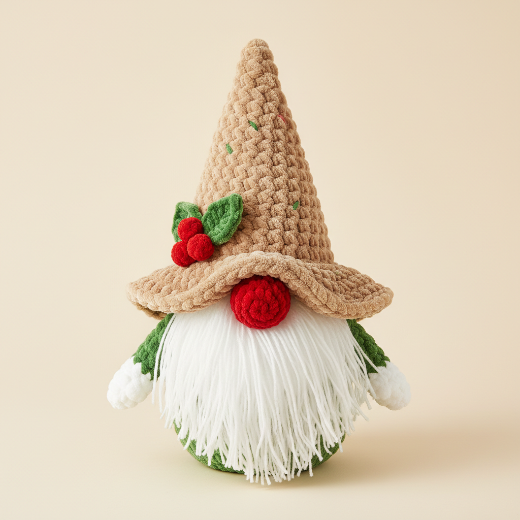 Mr Grinch, a handmade crochet plush, on a cream background
