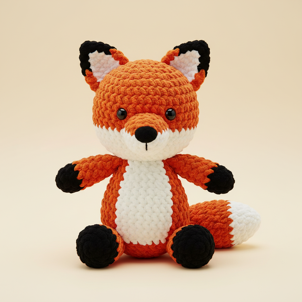 Mr. Fox, a handmade crochet plush, on a cream background