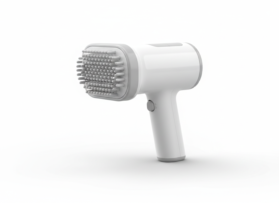 White and grey handheld 2-in-1 pet hair dryer and grooming brush on a white background