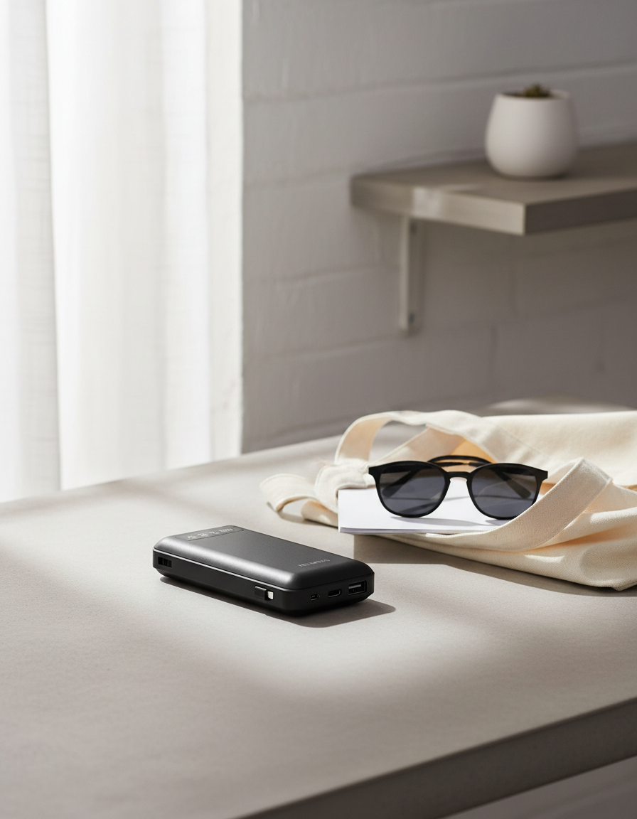 Black portable power bank on a concrete desk beside sunglasses and a canvas tote bag