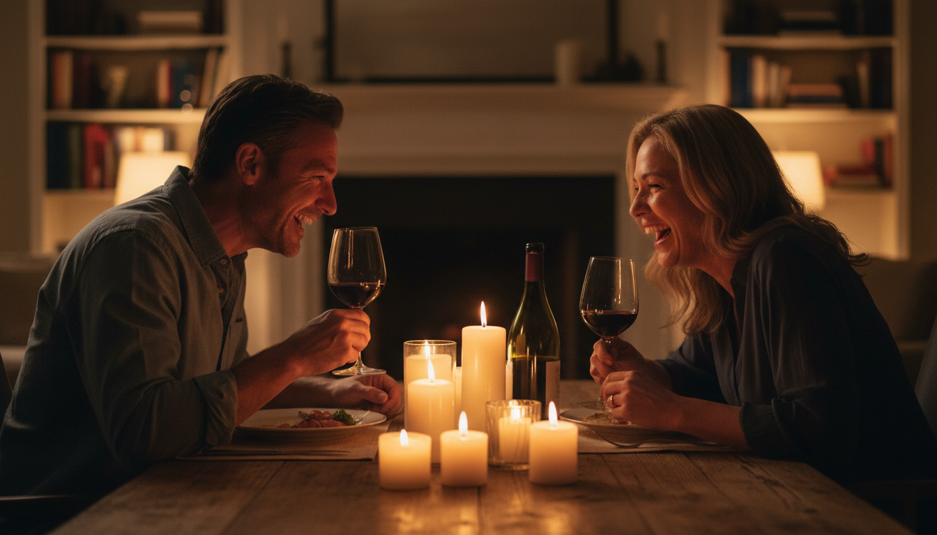 Couple in their forties laughing together over a candlelit dinner at home