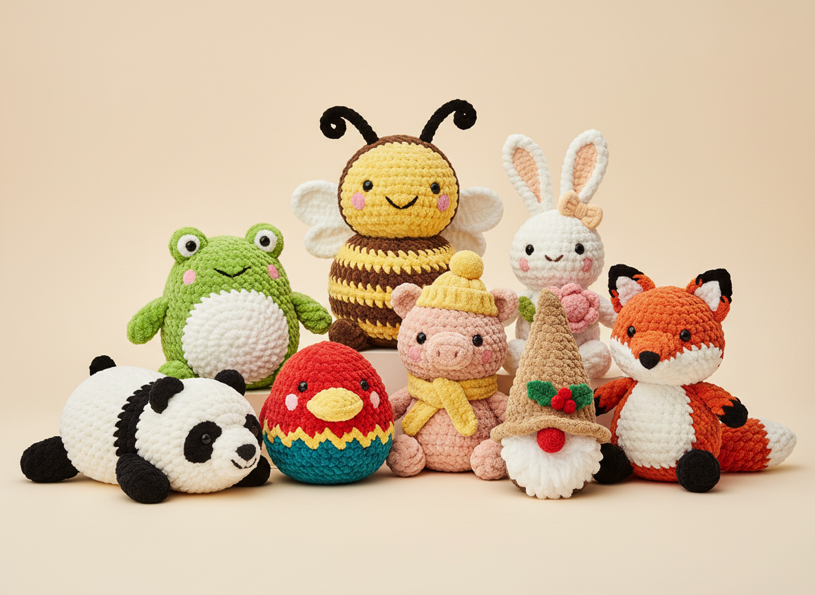 The full group of Bobs crochet plush characters &mdash; frog, pig, bunny, fox, panda, bird, bumblebee and gnome &mdash; together on a cream background