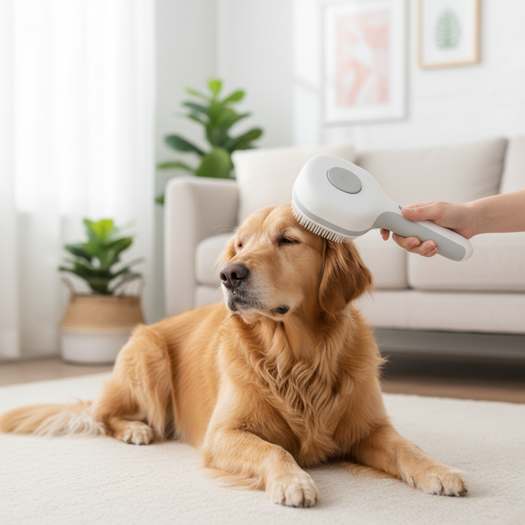 A dog being groomed at home with the 2-in-1 pet dryer brush
