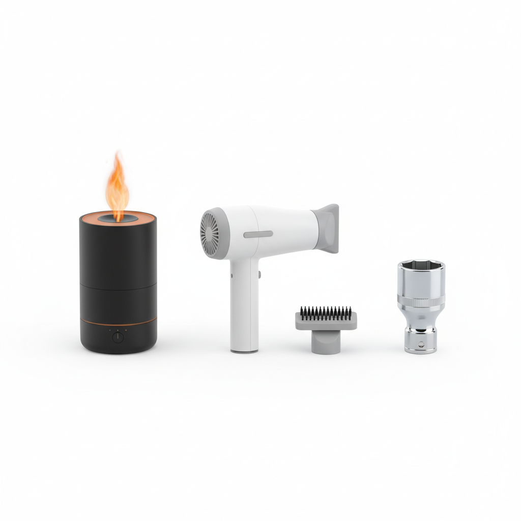 Flame-effect aroma diffuser, handheld pet dryer with grooming brush, and a universal socket adapter arranged on a white studio background