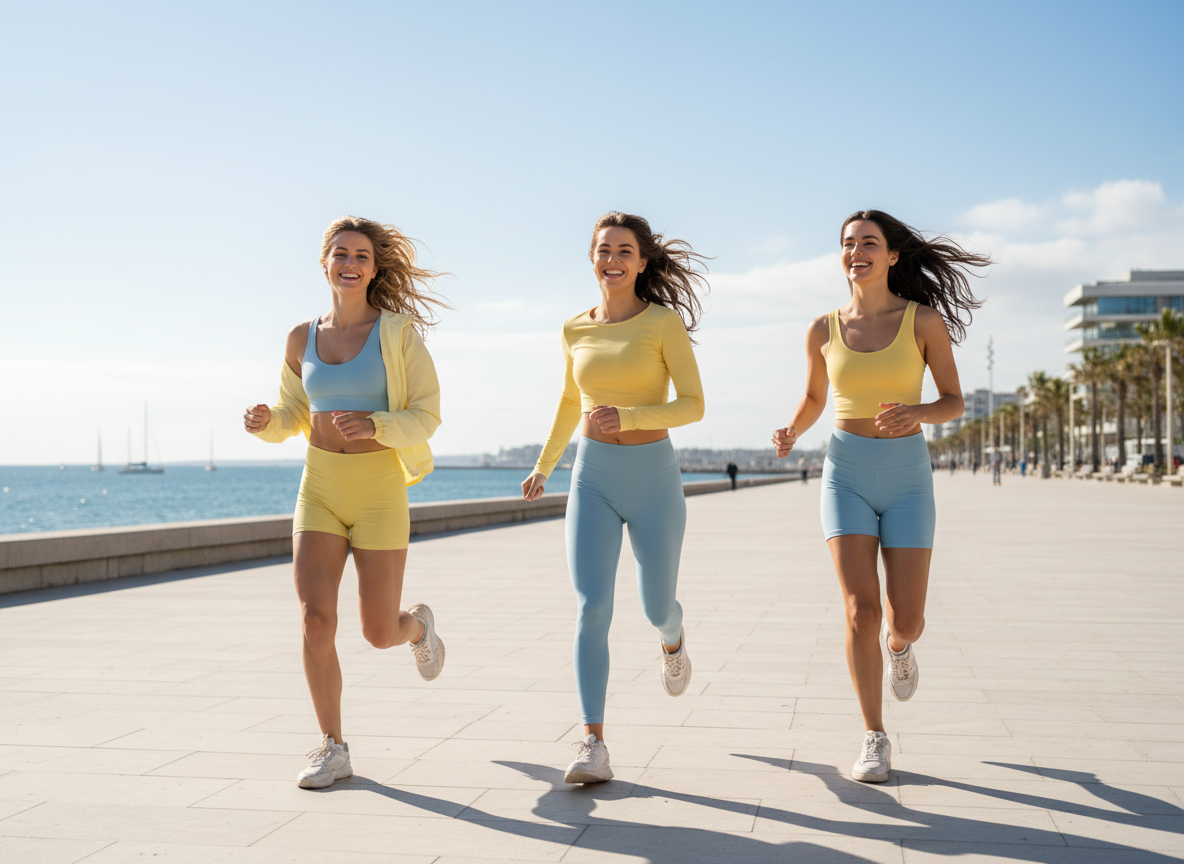Mujeres corriendo juntas con ropa deportiva de colores