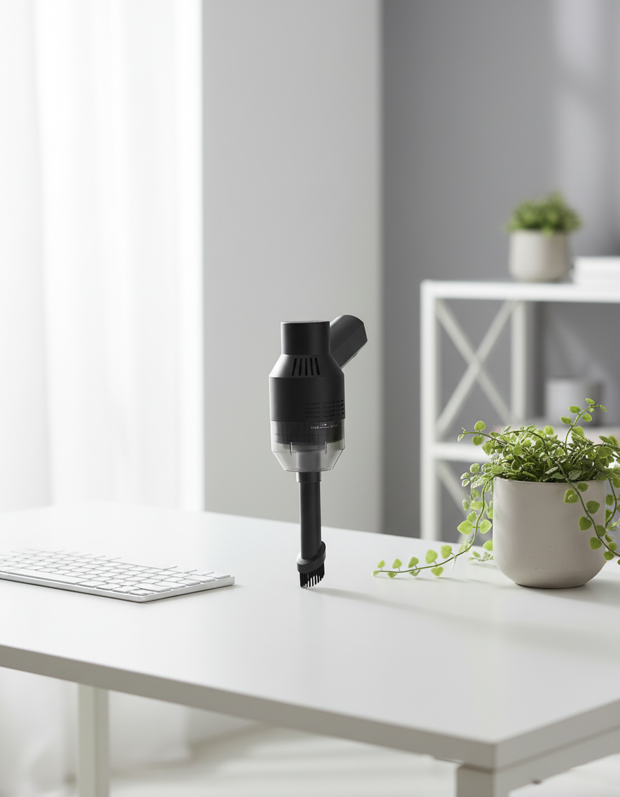 Cordless mini vacuum standing on a clean white desk next to a keyboard and a small plant