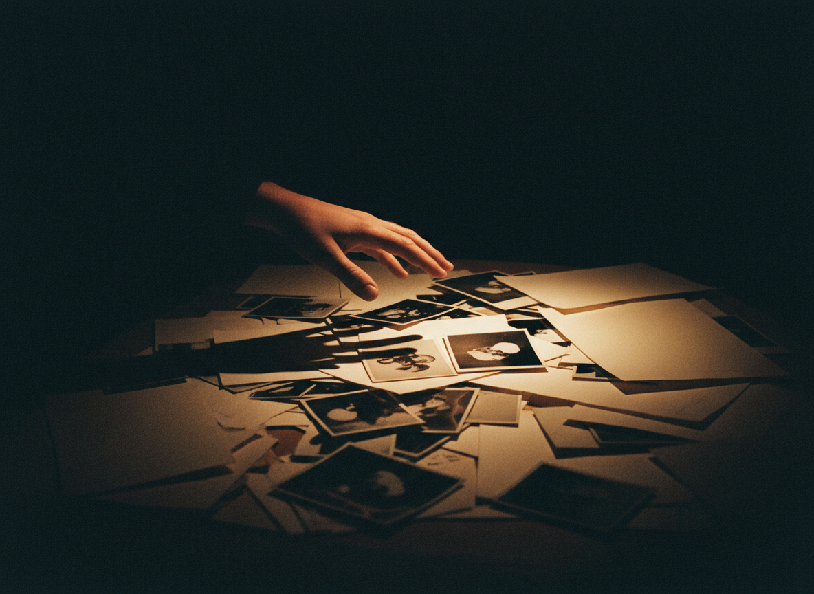 Mano sobre documentos y fotografías en penumbra
