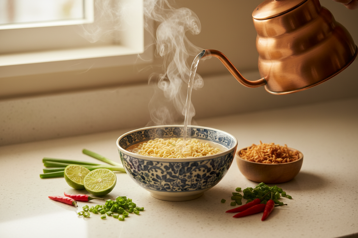 Heißes Wasser wird in eine Schüssel Instant Nudeln gegossen, daneben Frühlingszwiebeln, Limetten und Chili