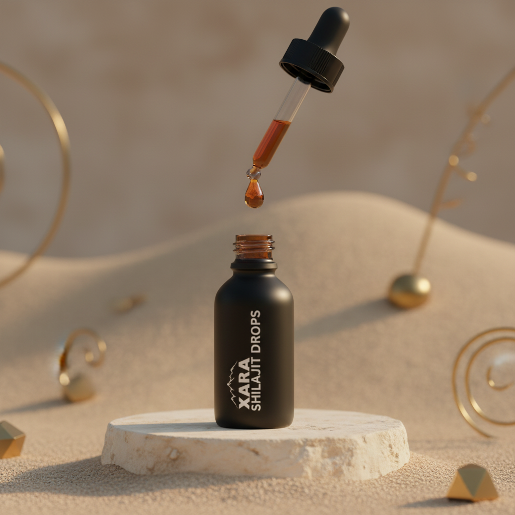 XARA Shilajit liquid drops bottle with a single amber drop falling