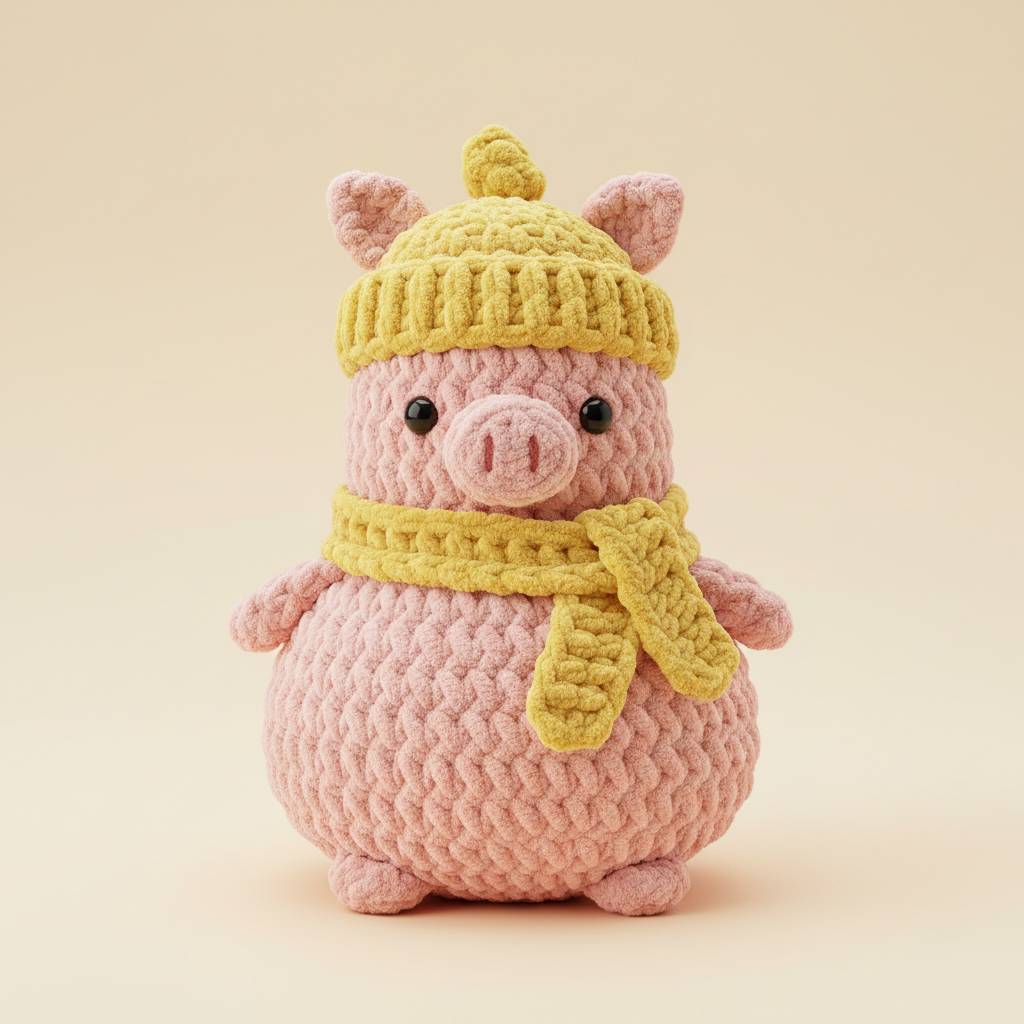 Mr. Piggo, a handmade crochet plush, on a cream background