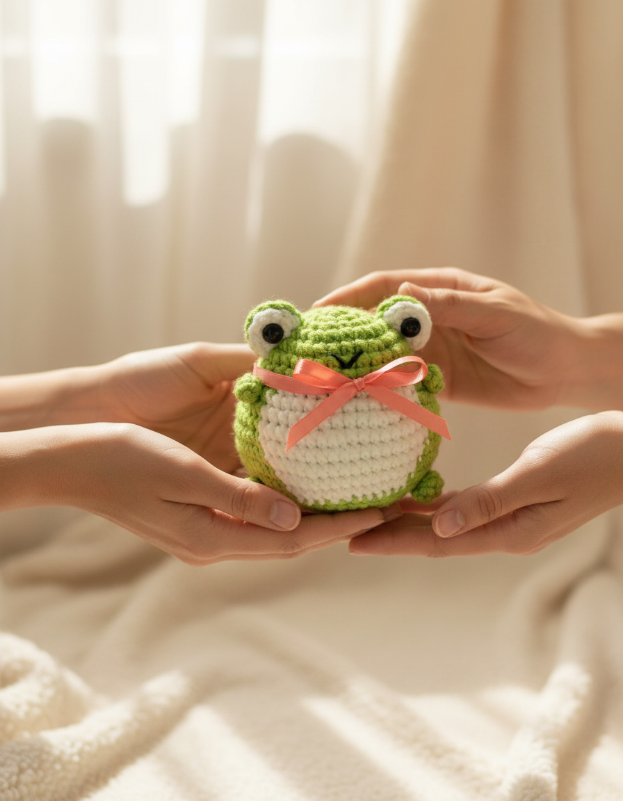 Two hands passing a small crocheted frog plush as a gift