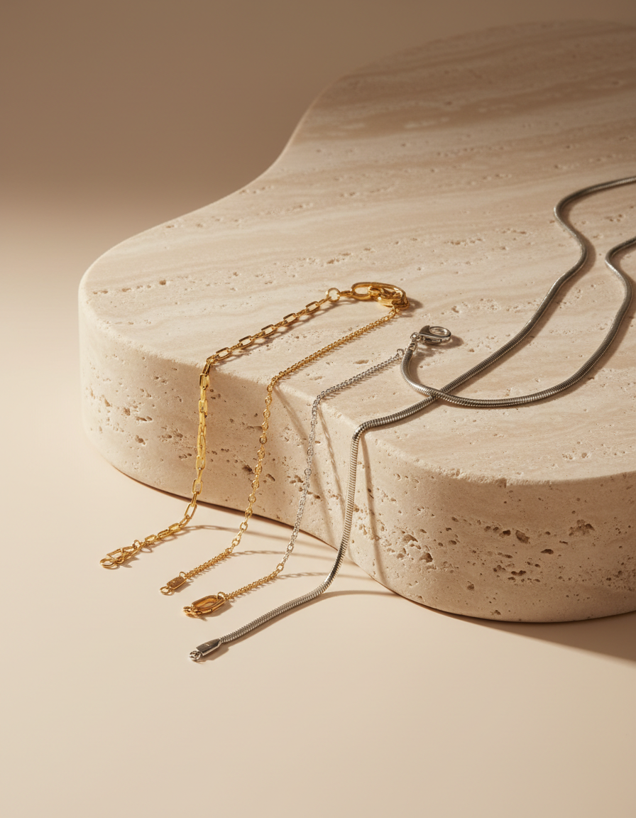Fine gold bracelets and a polished silver chain resting on a pale travertine plinth