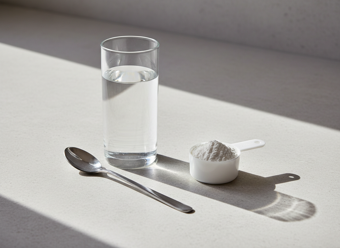 Glas Wasser mit Messlöffel Kollagenpulver auf einer Küchenarbeitsplatte