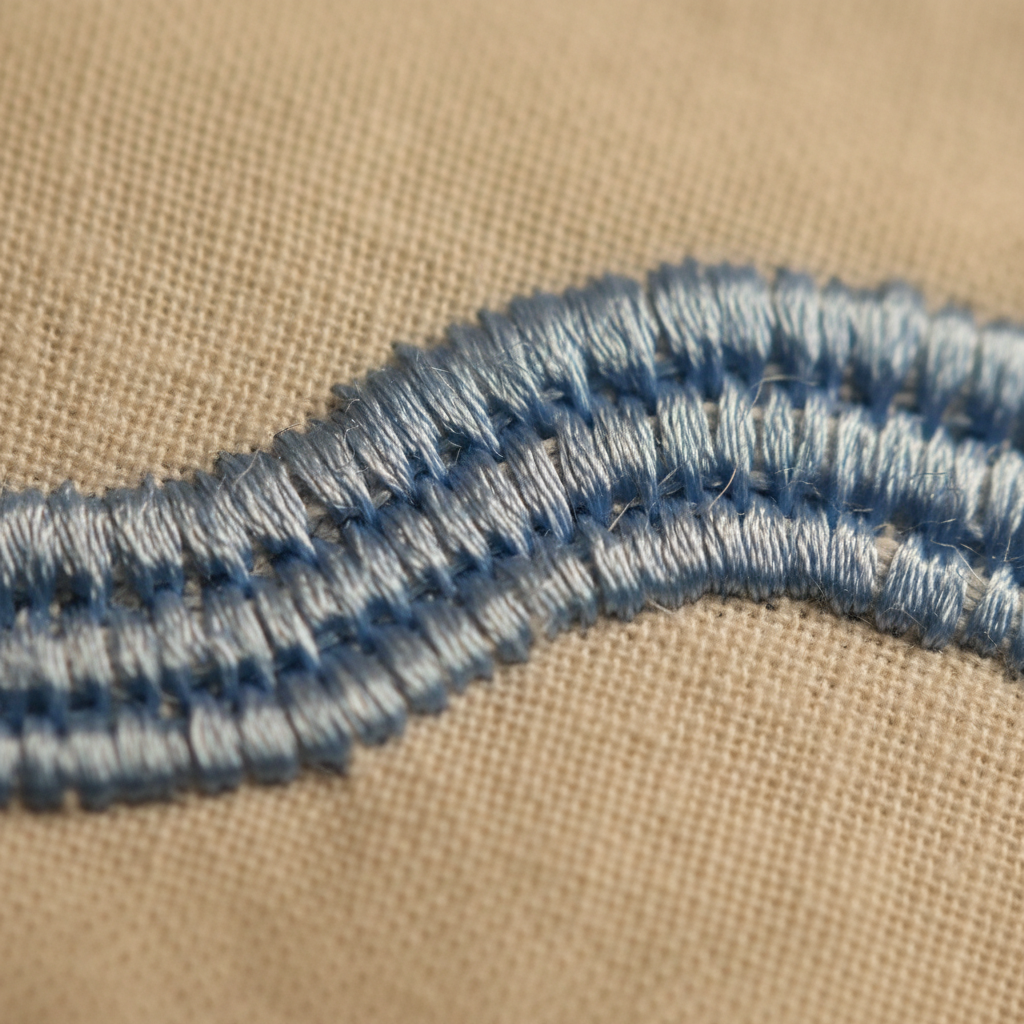 Macro view of dense baby blue satin embroidery stitches on ivory cotton