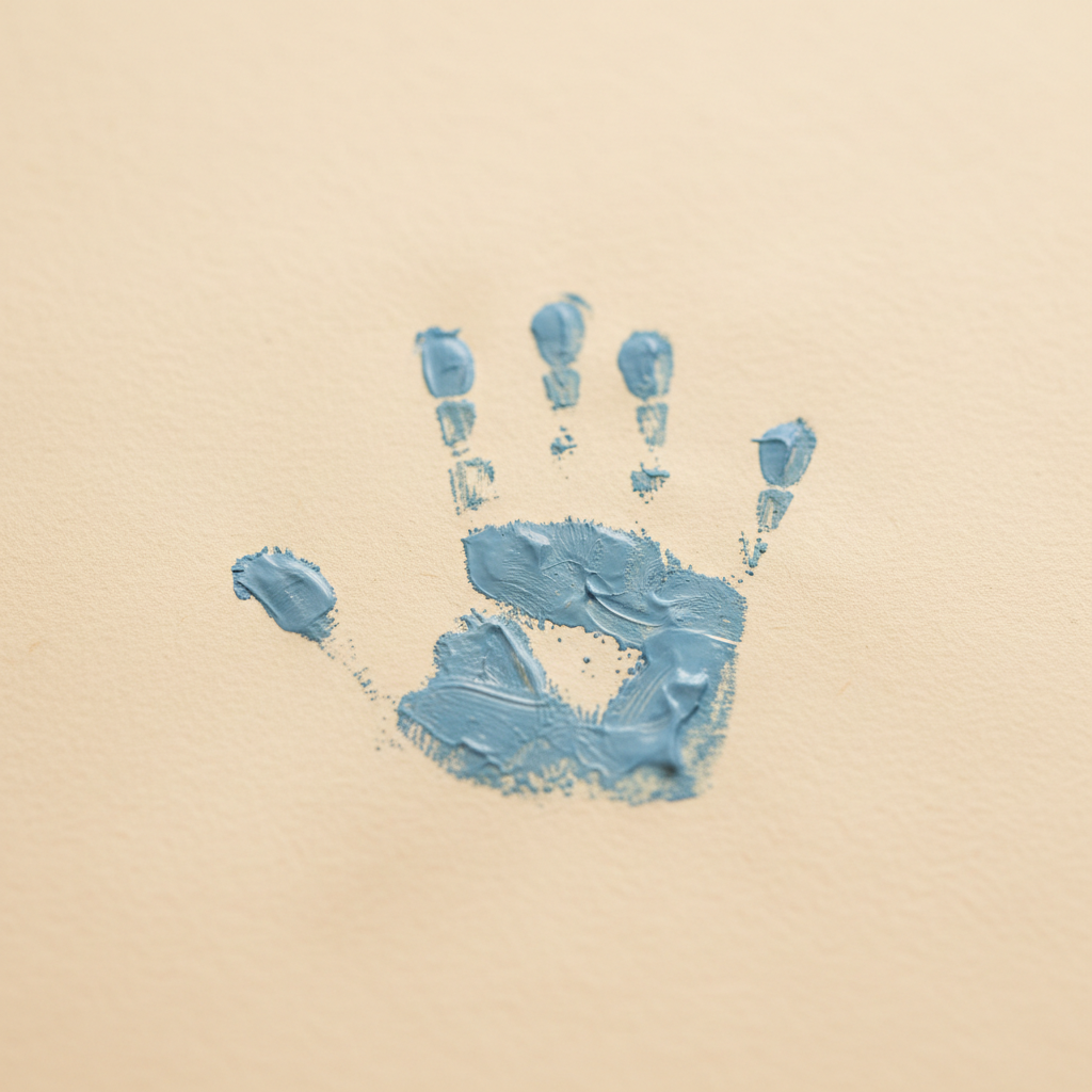 A small baby blue paint handprint pressed onto textured cream paper