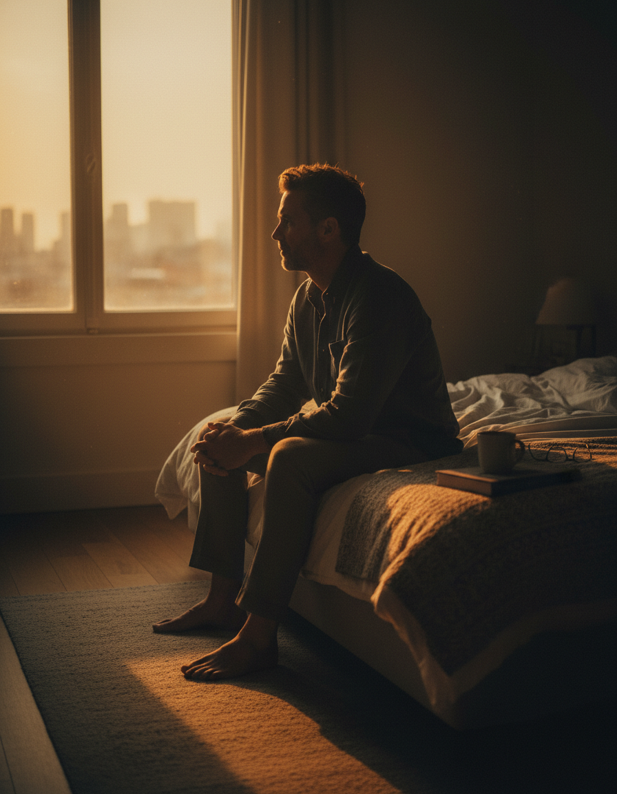 Man in his forties sitting on the edge of a bed at dawn