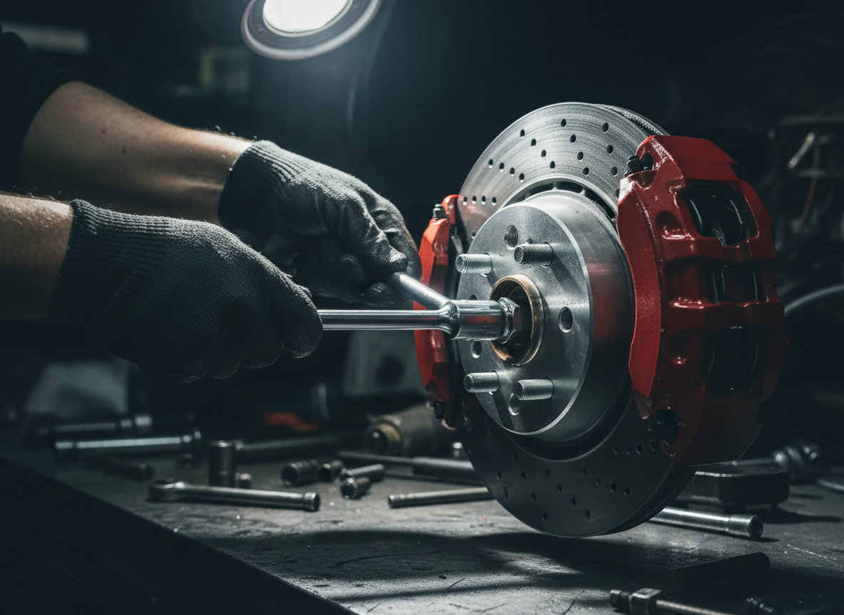 Gloved hands torquing a bolt on a performance brake rotor in a dark workshop