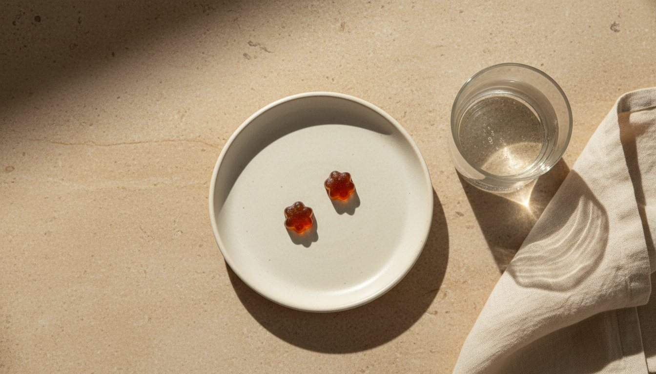 Two dark amber shilajit gummies on a cream plate beside a glass of water on a sand-coloured stone surface