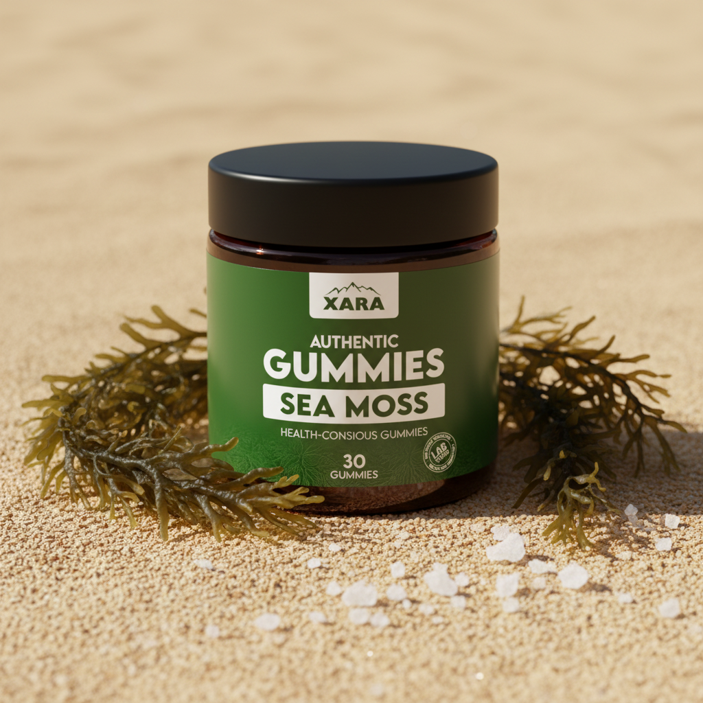 XARA Irish Sea Moss gummy jar with fresh sea moss on sand