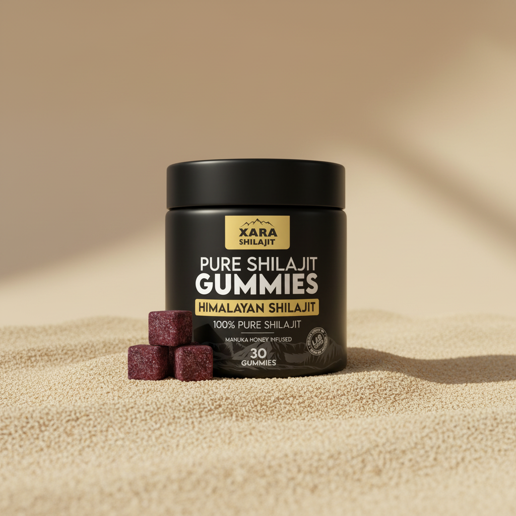 XARA Shilajit gummy jar on a warm cream surface in morning light