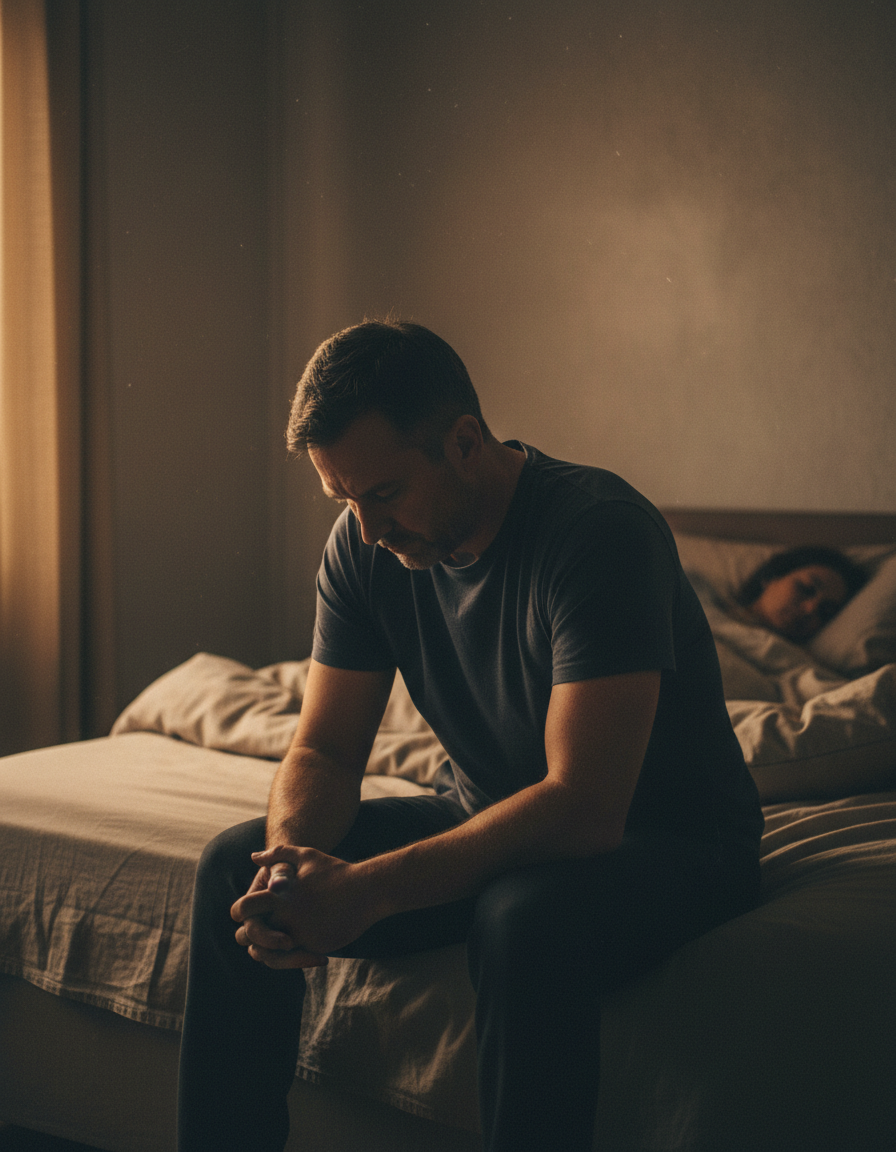 Man in his forties sitting on the edge of a bed at dawn