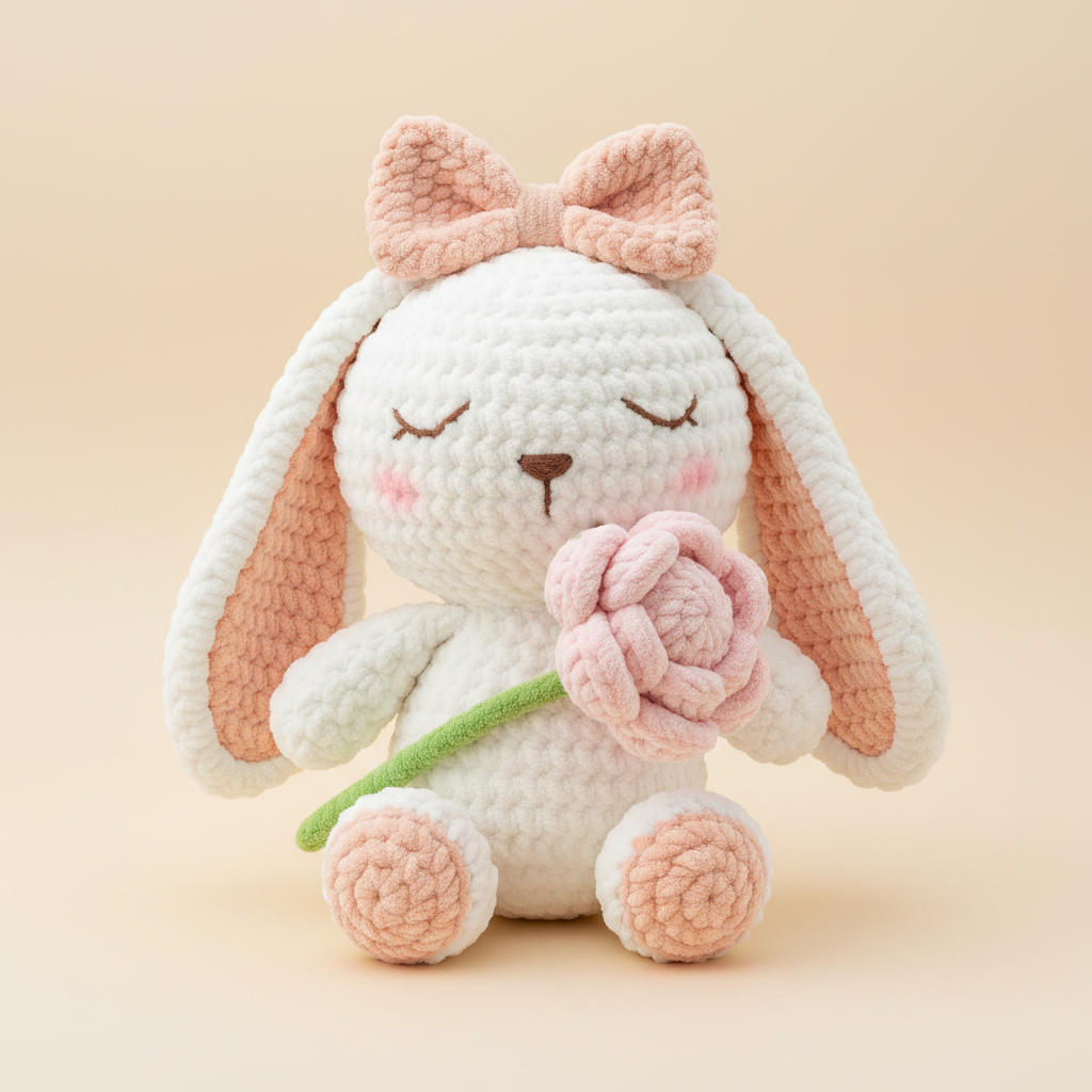 Mrs. Bun Bun, a handmade crochet plush, on a cream background