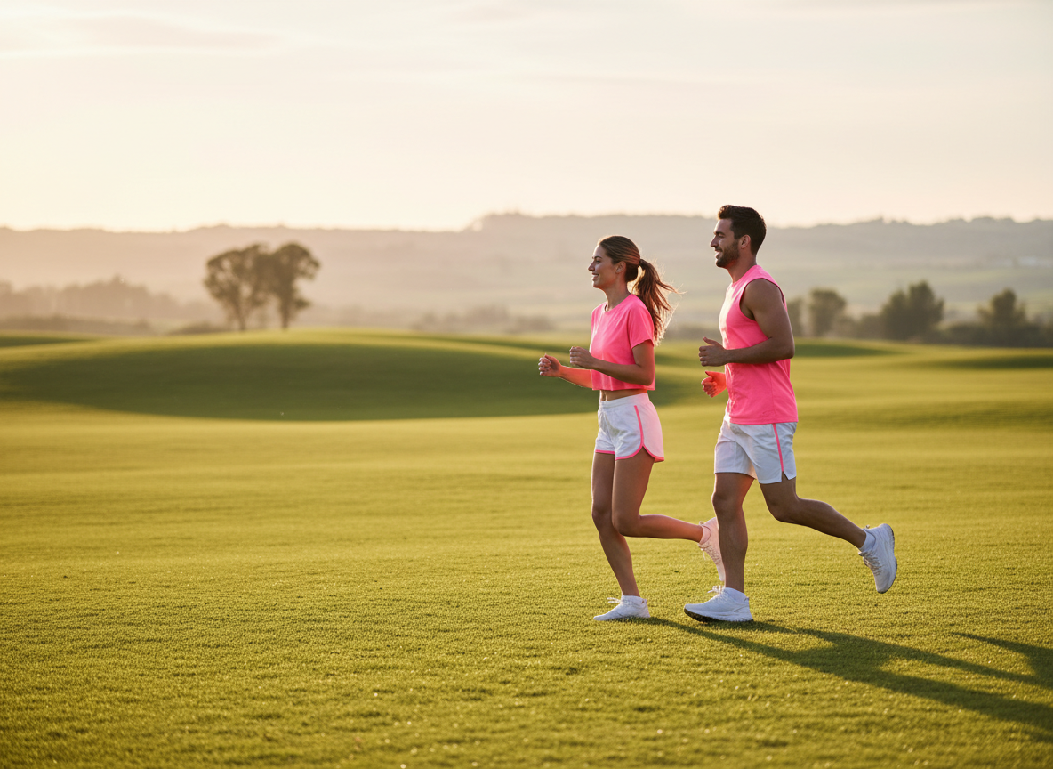 Pareja trotando al aire libre con ropa deportiva