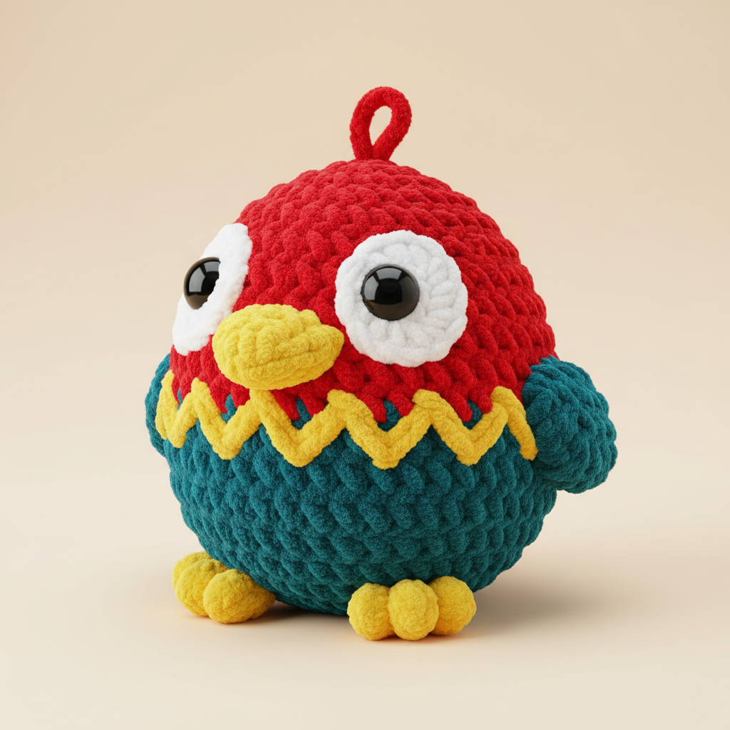 Birdo, a handmade crochet plush, on a cream background