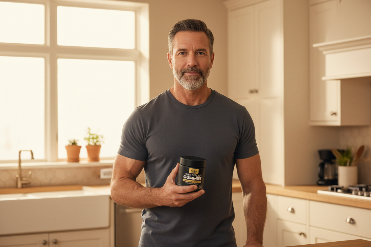 Man in his late forties holding a jar of Xara Shilajit gummies in a sunlit kitchen