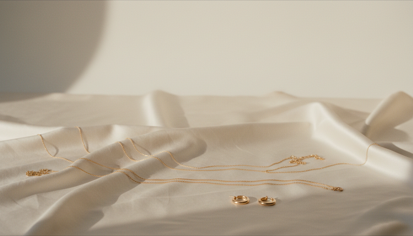 Delicate gold chains and small hoop earrings resting on ivory silk in soft daylight