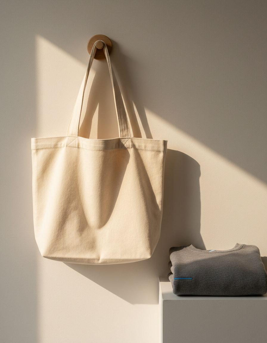 A cream canvas tote bag hanging on a wall hook beside a folded charcoal sweatshirt in a minimal, softly lit room
