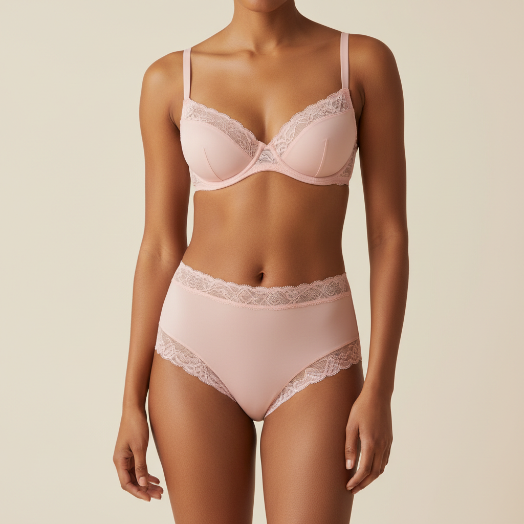 Matching blush lace bra and high-waist brief set worn together