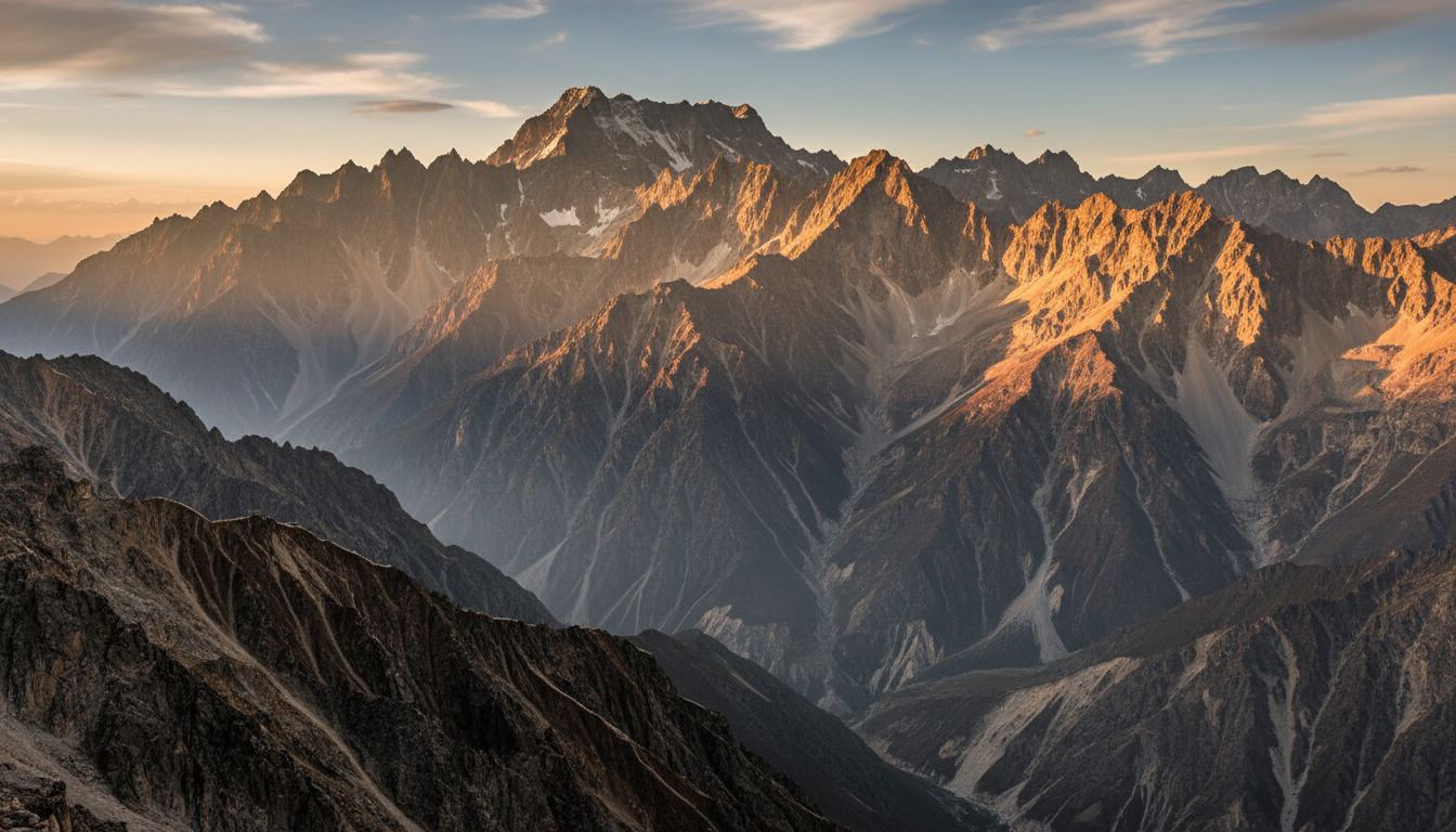 Himalayan mountain ridges at golden hour where shilajit resin is harvested