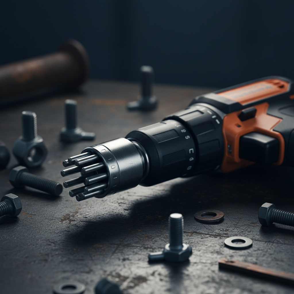 The universal socket adapter mounted on a cordless drill on a workshop bench