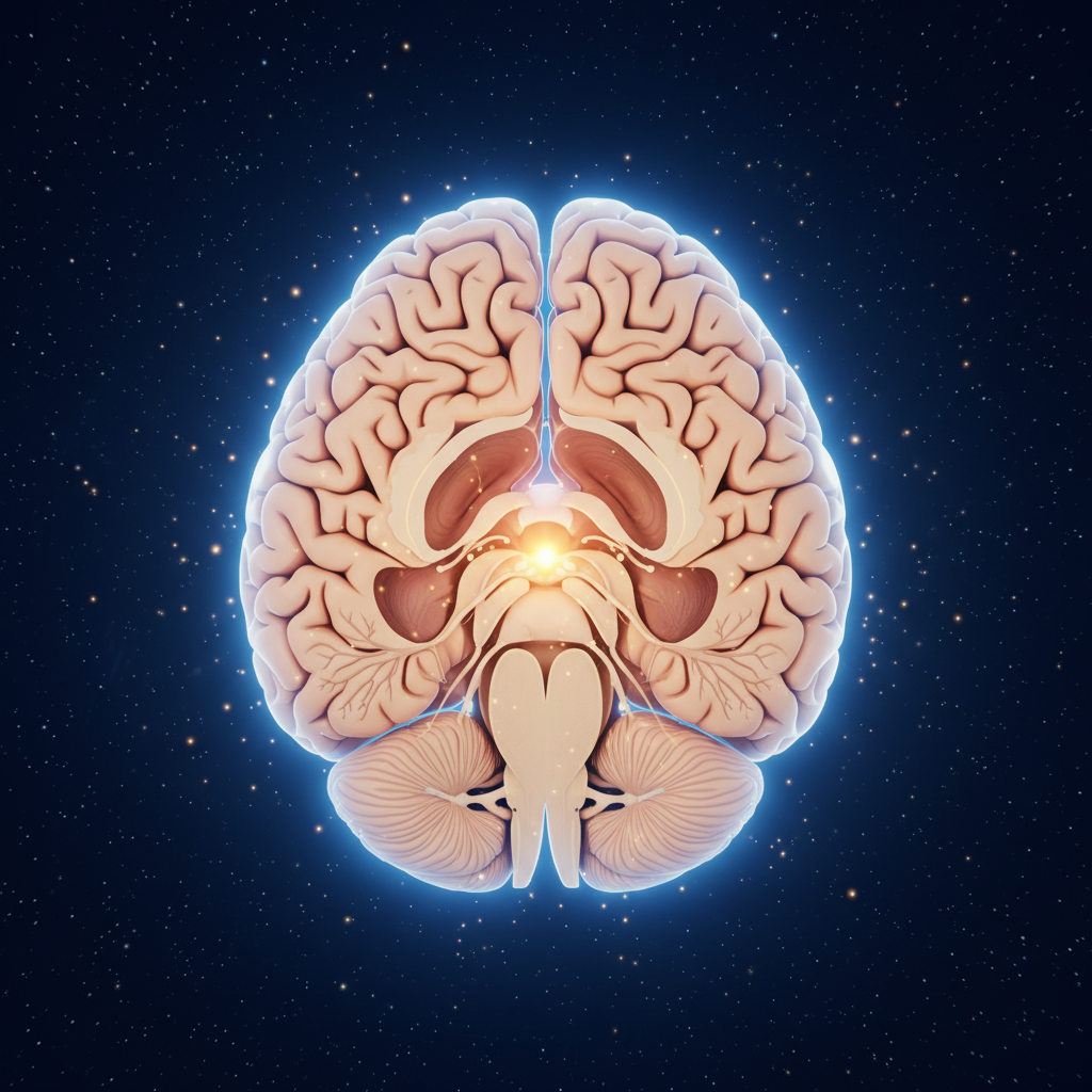 Illustration of a human brain in side view with a warm point of light glowing at its centre