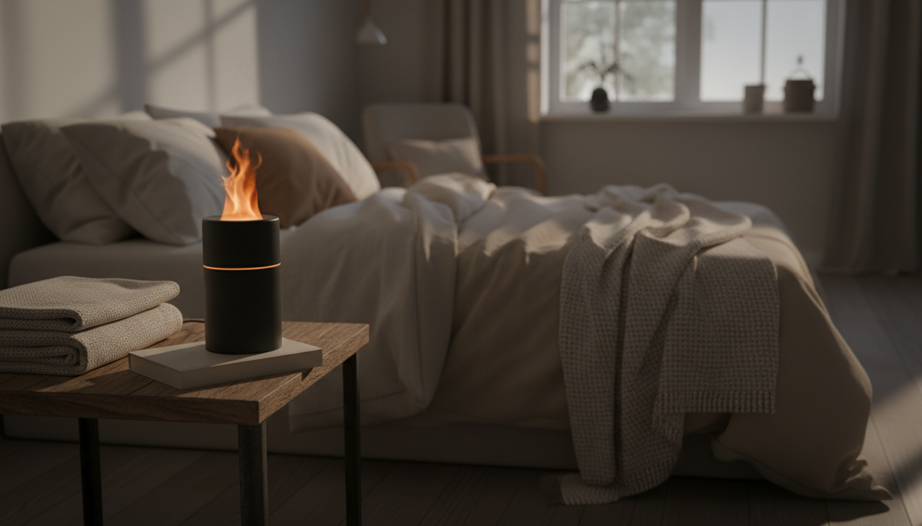 Flame-effect diffuser glowing amber on a wooden nightstand beside a linen bed and a folded wool throw