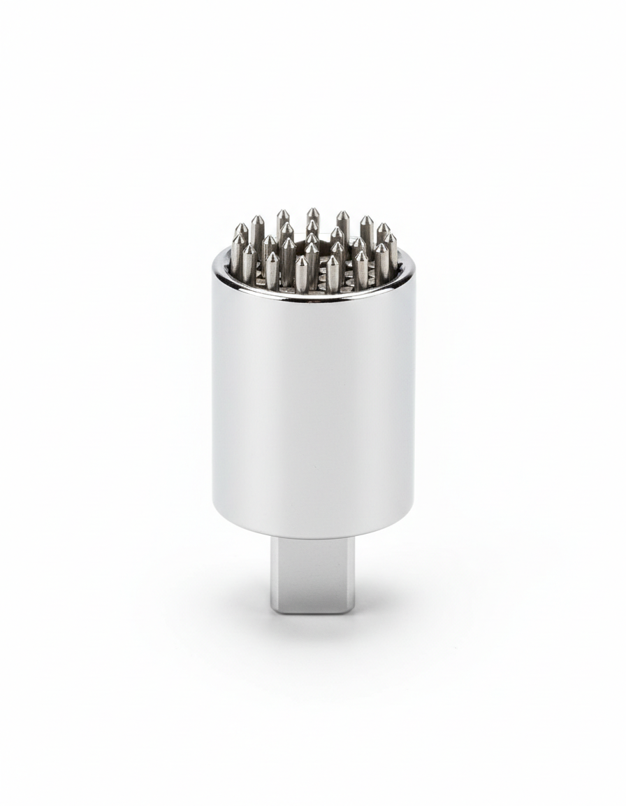 Silver chrome universal socket wrench adapter with a spring-loaded pin head