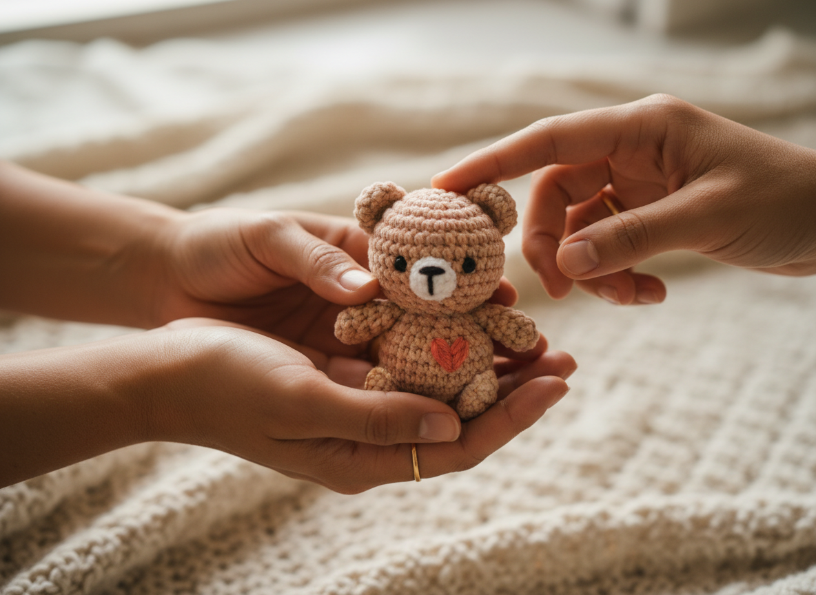 Hands holding a small handmade crochet plush creature
