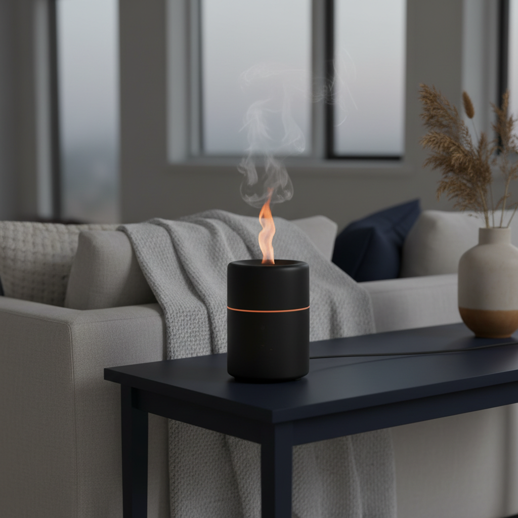 The flame diffuser glowing on a navy console table in a minimal living room at dusk