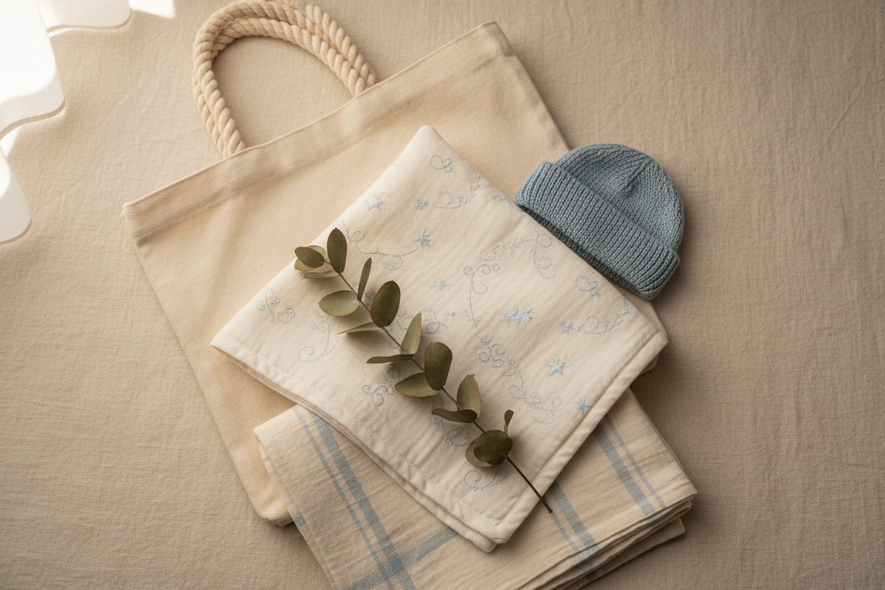 Flatlay of handmade keepsakes: an embroidered ivory baby blanket, knit beanie, canvas tote and folded swaddle