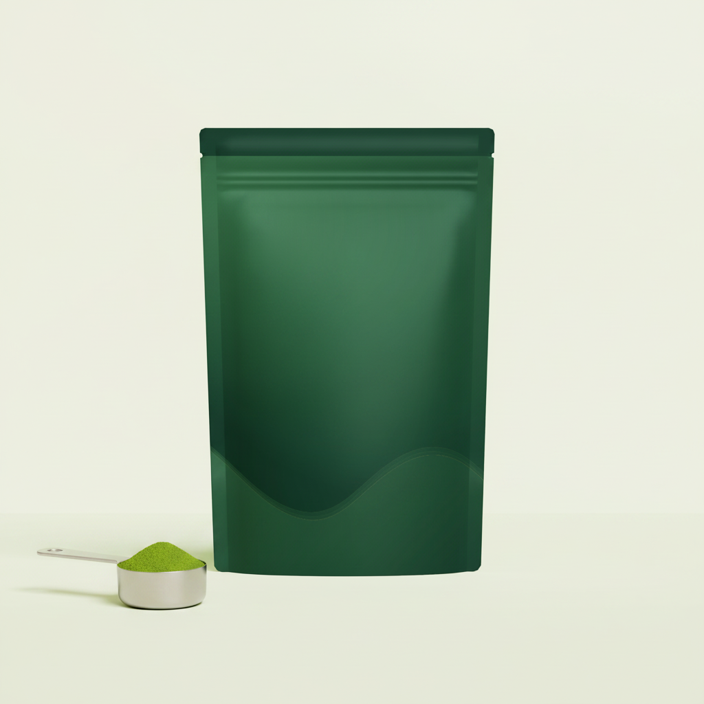 Total Essentials pouch met maatschep vol groen poeder