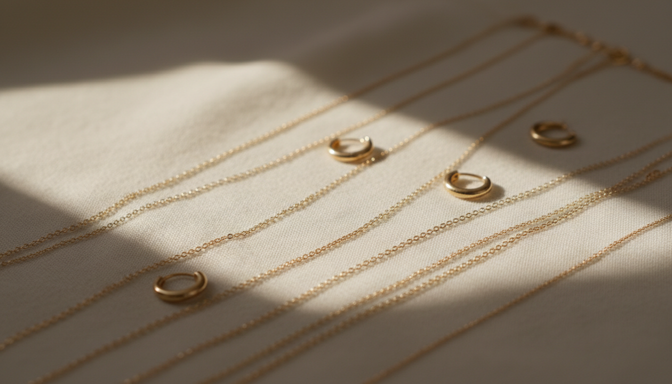 Layered fine gold chains and small hoop earrings arranged on ivory raw silk in morning light