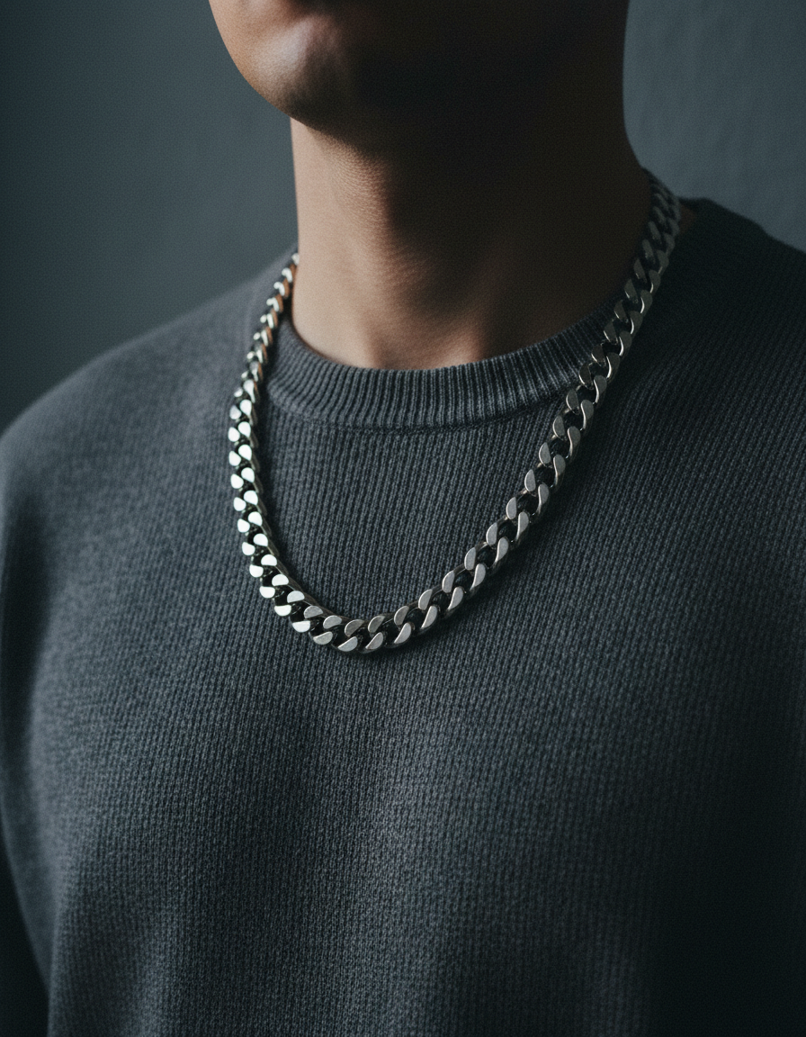 Heavy polished steel cuban link chain worn over a charcoal crewneck
