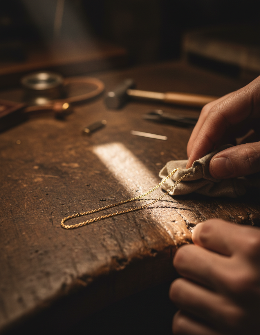 A jeweller polishing a fine gold chain at a workbench