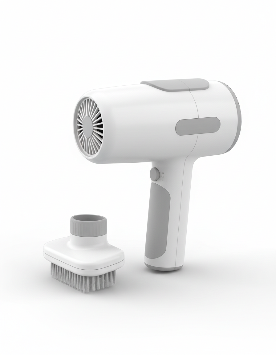 White and grey handheld pet hair dryer with its grooming brush attachment