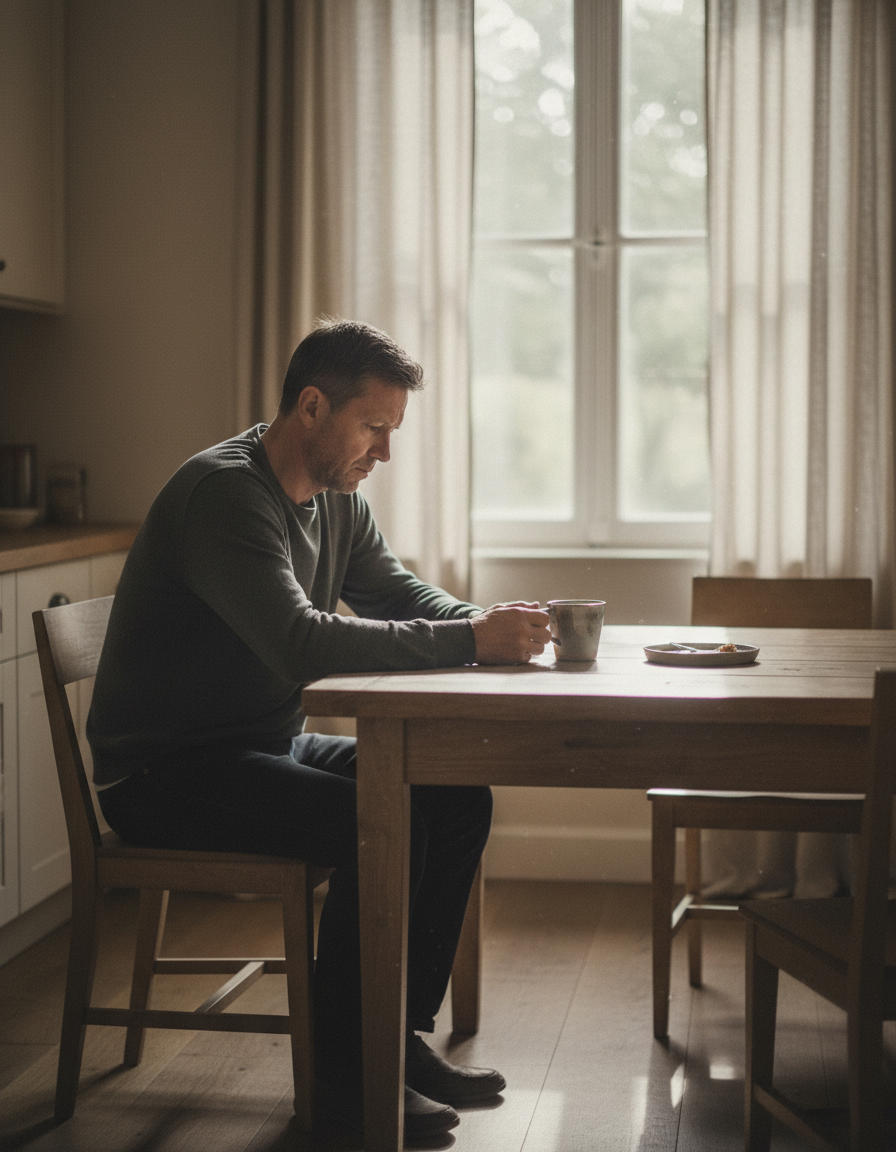 Man in his forties sitting alone at a kitchen table in early morning light