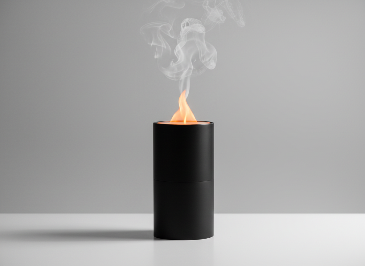 Matte black flame-effect aroma diffuser with a glowing warm flame on a neutral studio background
